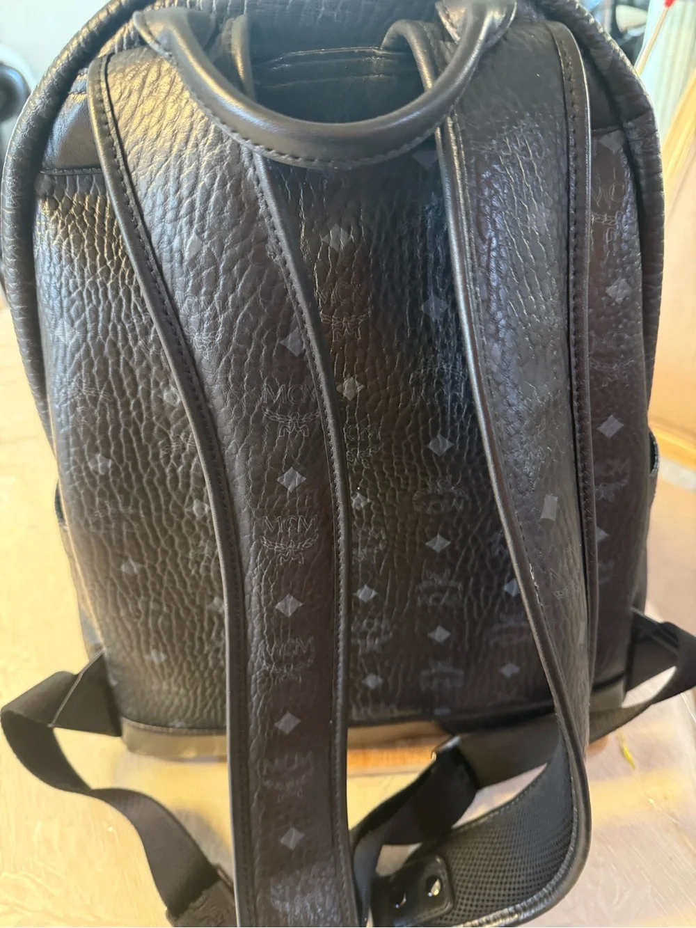 MCM Stark Visetos Backpack in black, featuring the signature Visetos monogram